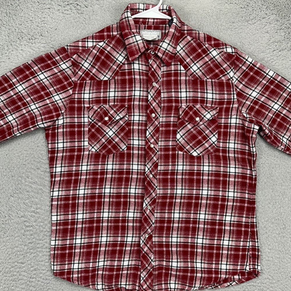Wrangler Wrancher Button Up Shirt Mens Large Red Plaid Western Pearl Snap Pocket - Picture 2 of 10